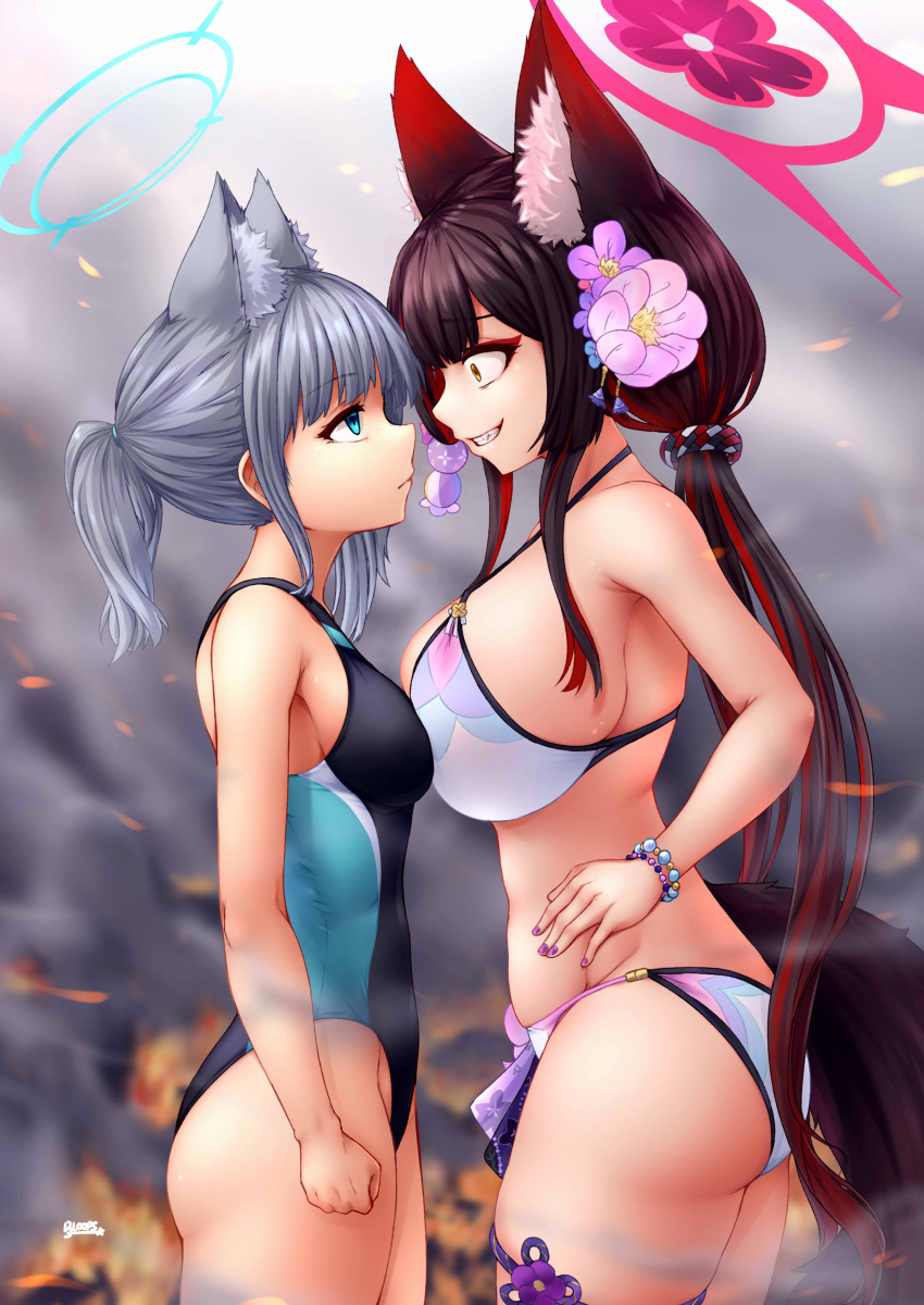 absurdres animal_ear_fluff animal_ears asymmetrical_bangs bangs bikini black_hair black_one-piece_swimsuit blue_archive blue_eyes blunt_ends breast_press breasts colored_inner_hair competition_swimsuit confrontation covered_navel cowboy_shot cross_hair_ornament djloops english_commentary extra_ears flower fox_ears fox_tail grey_hair hair_flower hair_ornament halo highres large_breasts low_ponytail medium_breasts medium_hair mismatched_pupils multicolored_clothes multicolored_hair multicolored_swimsuit one-piece_swimsuit red_hair shiroko_(blue_archive) shiroko_(swimsuit)_(blue_archive) swimsuit tail two-tone_hair wakamo_(blue_archive) white_bikini yellow_eyes