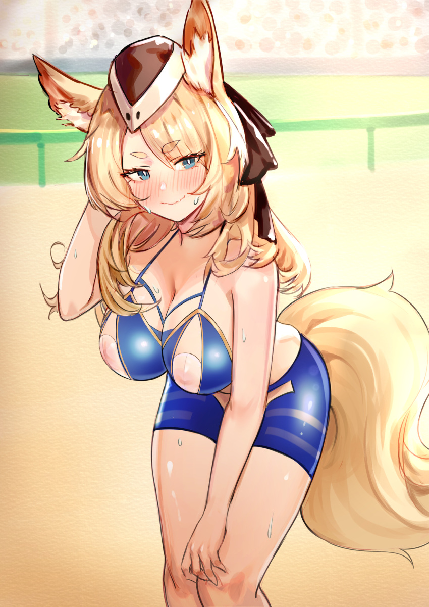1girl animal_ear_fluff animal_ears arknights bangs bare_arms bare_shoulders bike_shorts black_headwear blue_shorts blush breasts closed_mouth day elsi feet_out_of_frame garrison_cap hand_in_own_hair hand_on_own_knee hand_up hat highres horse_ears horse_girl horse_tail large_breasts leaning_forward looking_at_viewer nipples outdoors see-through shorts skindentation smile solo stadium standing sweat swept_bangs tail thick_eyebrows v-shaped_eyebrows whislash_(arknights)