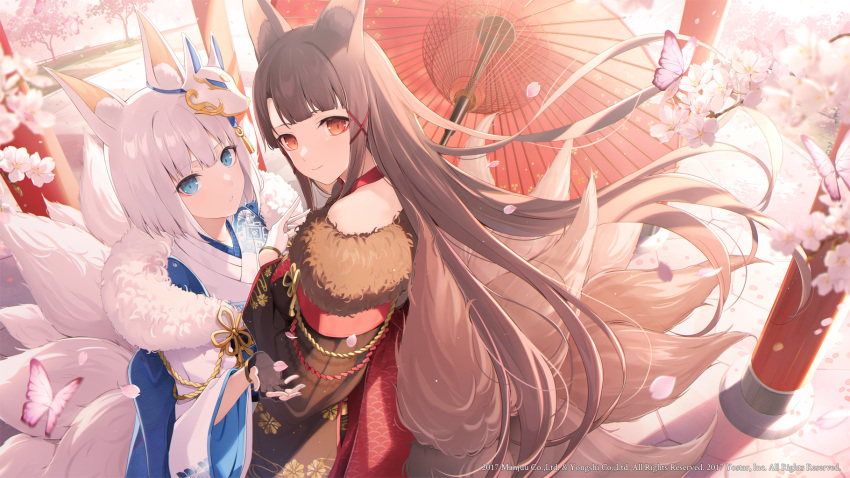 2girls 6u_(eternal_land) akagi_(azur_lane) akagi_(plum_and_snow)_(azur_lane) animal_ears azur_lane bare_shoulders black_gloves black_kimono blue_eyes blue_kimono brown_hair cherry_blossoms commentary_request expressionless fingerless_gloves floral_print fox_ears fox_girl fox_mask fox_tail fur-trimmed_kimono fur_trim gloves hands_up highres japanese_clothes kaga_(azur_lane) kaga_(white_fox's_new_year)_(azur_lane) kimono kitsune long_hair long_sleeves looking_at_viewer looking_back mask mask_on_head medium_hair multiple_girls multiple_tails official_alternate_costume oil-paper_umbrella orange_eyes outdoors parted_lips petals red_eyes slit_pupils smile tail two-tone_kimono umbrella very_long_hair white_hair white_kimono wide_sleeves