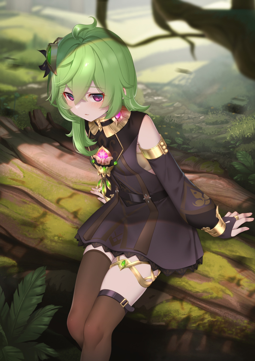1girl arm_support asymmetrical_legwear bandeau belt black_dress black_gloves black_thighhighs breasts bridal_gauntlets brooch closed_mouth collei_(genshin_impact) commentary_request day detached_sleeves dress earrings genshin_impact gloves grass green_hair hair_ornament highres jewelry long_sleeves looking_afar meda medium_breasts outdoors puffy_long_sleeves puffy_sleeves purple_eyes shade single_earring sitting skindentation slim_legs small_breasts solo thigh_belt thigh_strap thighhighs thighlet thighs tree uneven_legwear