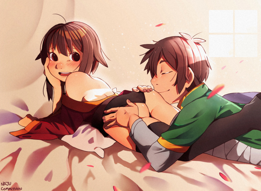 1boy 1girl :d arm_support artist_name ass ass_grab bandaged_leg bandages bed bed_sheet blush bottomless brown_hair cape closed_eyes clothes_pull commission couple green_cape groping hand_on_another's_ass head_on_ass hetero highres indoors kono_subarashii_sekai_ni_shukufuku_wo! long_sleeves lying megumin najucaju_naju no_headwear on_bed on_stomach red_eyes red_shirt satou_kazuma shirt shirt_pull short_hair short_hair_with_long_locks sidelocks single_thighhigh smile thighhighs thighs white_shirt window