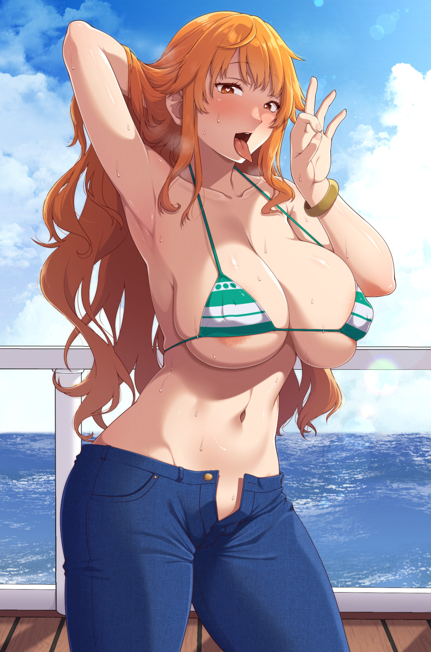 1girl absurdres ao_banana arm_behind_head armpits bikini bikini_top_only blue_pants blue_sky breasts cloud collarbone day denim fellatio_gesture green_bikini highres jeans large_breasts looking_at_viewer nami_(one_piece) naughty_face navel ocean one_piece open_fly open_mouth orange_eyes orange_hair outdoors pants sky solo standing swimsuit tongue tongue_out two-tone_bikini unbuttoned white_bikini