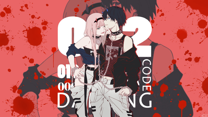 1boy 1girl :d absurdres assassins_(yxuk8877) bangs black_hair black_hairband black_jacket blood blood_splatter chain character_name collarbone couple darling_in_the_franxx green_eyes grey_pants hair_between_eyes hairband hand_on_another's_hip hand_on_hip hetero highres horns jacket long_hair long_sleeves midriff navel open_clothes open_jacket open_mouth pants pink_hair red_shirt shirt short_hair sleeveless sleeveless_shirt smile standing stomach striped striped_shirt unzipped very_long_hair zero_two_(darling_in_the_franxx)
