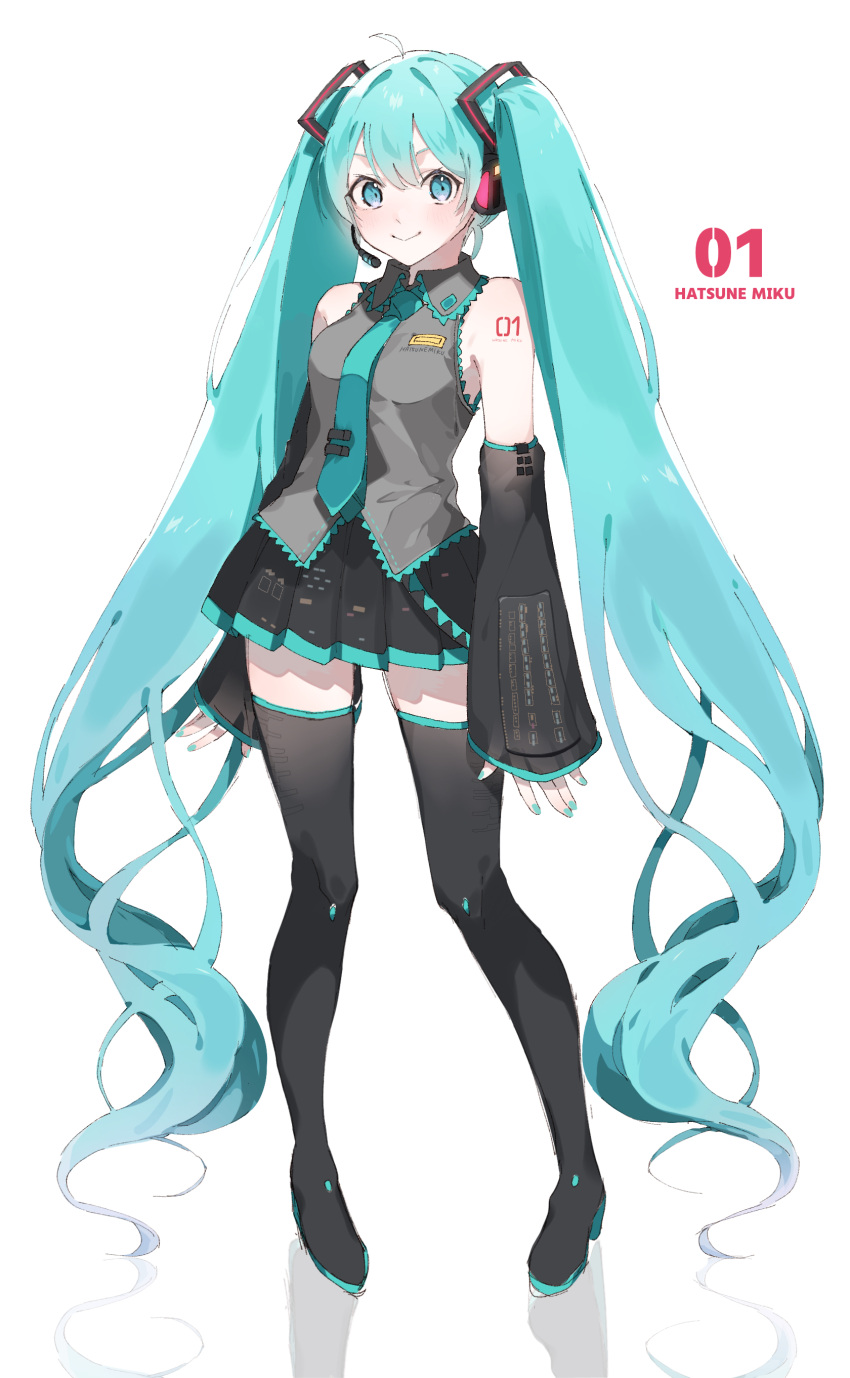 1girl absurdly_long_hair absurdres ahoge aqua_eyes aqua_hair aqua_nails aqua_necktie bangs black_footwear black_skirt black_sleeves boots closed_mouth collared_shirt detached_sleeves eyebrows_hidden_by_hair gradient_eyes grey_shirt hair_between_eyes hatsune_miku highres ika_esu light_blush long_hair looking_at_viewer multicolored_eyes necktie pigeon-toed pleated_skirt purple_eyes reflection shadow shirt simple_background skirt sleeveless sleeveless_shirt sleeves_past_wrists smile solo thigh_boots twintails very_long_hair vocaloid vocaloid_boxart_pose white_background zettai_ryouiki