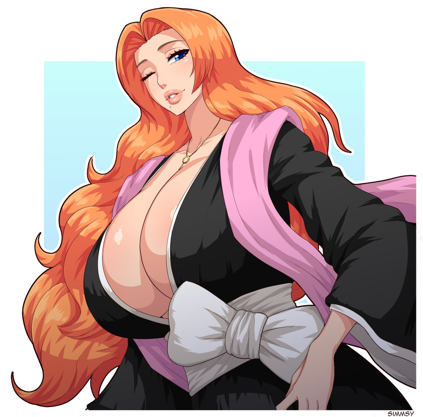 1girl absurdres bleach blue_eyes breasts cleavage clothes collar hair_intakes haori highres huge_breasts japanese_clothes jewelry large_breasts lips long_hair looking_at_viewer matsumoto_rangiku mole mole_under_mouth necklace one_eye_closed orange_hair simmsy smile solo taichou_haori thick_lips upper_body