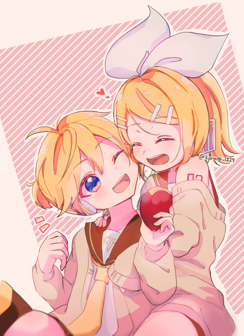 1boy 1girl :d ;d ^_^ ahoge bangs bass_clef blonde_hair blue_eyes bow brother_and_sister cardigan cheek-to-cheek closed_eyes food hair_bow hair_ornament hairclip happy headphones heads_together headset heart highres kagamine_len kagamine_rin kanato_1227 necktie number_tattoo off-shoulder_sweater off_shoulder one_eye_closed open_clothes robe_slip sailor_collar sharing short_ponytail shorts shoulder_tattoo siblings smile sweater sweet_potato swept_bangs tattoo treble_clef twins twitter_username vocaloid white_bow yakiimo yellow_necktie