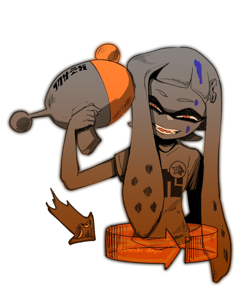 1girl colored_tongue echolocator_(splatoon) fangs gun_to_head hair_ornament hairclip highres inkling inkling_girl long_hair looking_at_viewer luna_blaster_(splatoon) orange_eyes orange_tongue paint puchiman shirt short_sleeves simple_background smile solo splatoon_(series) splatoon_1 spot_color t-shirt teeth tentacle_hair twitter_username white_background