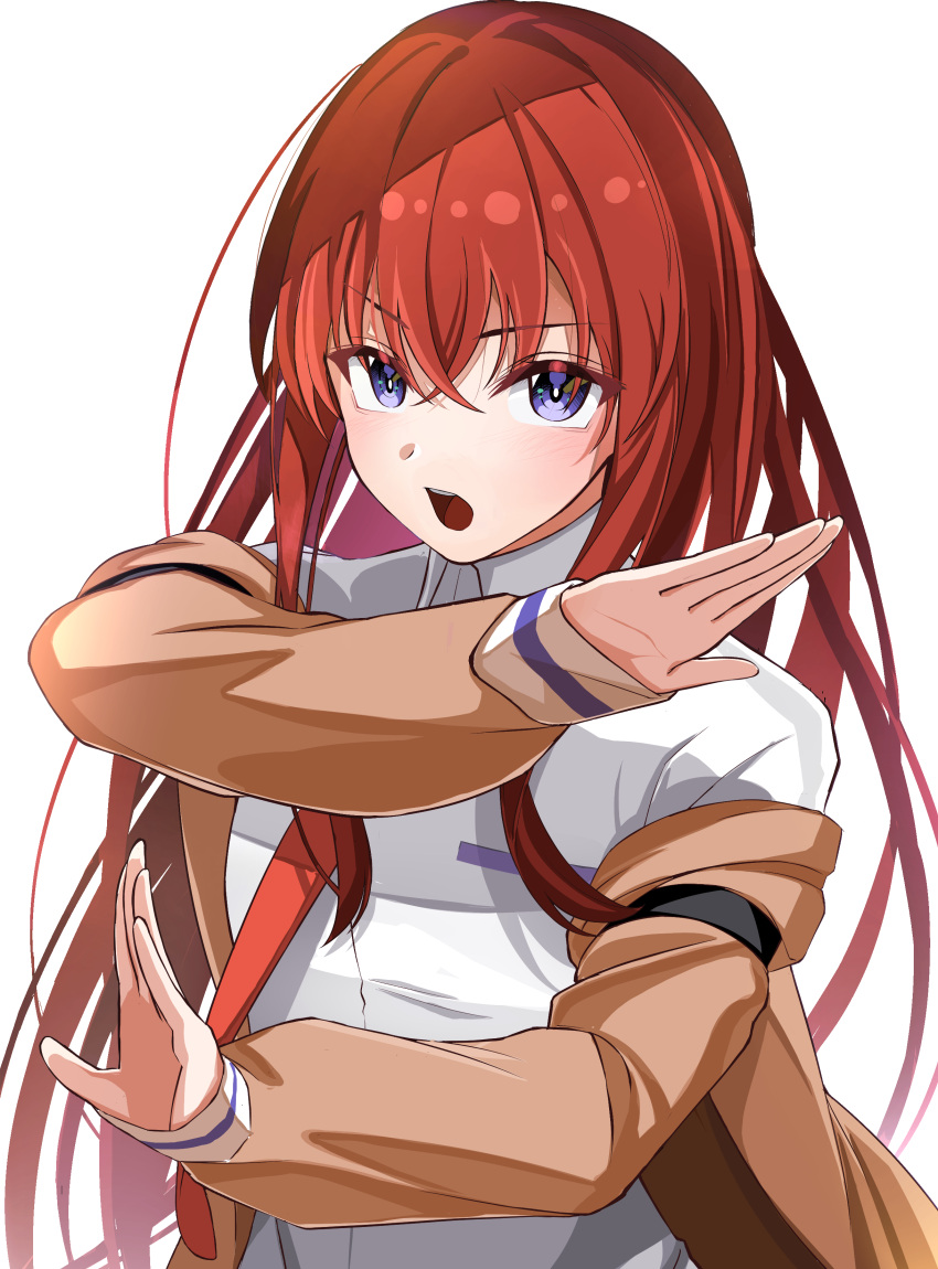 1girl absurdres ajimi07 bangs blue_eyes breast_pocket brown_jacket dress_shirt hair_between_eyes highres jacket long_hair long_sleeves makise_kurisu necktie open_clothes open_jacket open_mouth pocket red_hair red_necktie shiny shiny_hair shirt simple_background solo steins;gate straight_hair upper_body very_long_hair white_background white_shirt