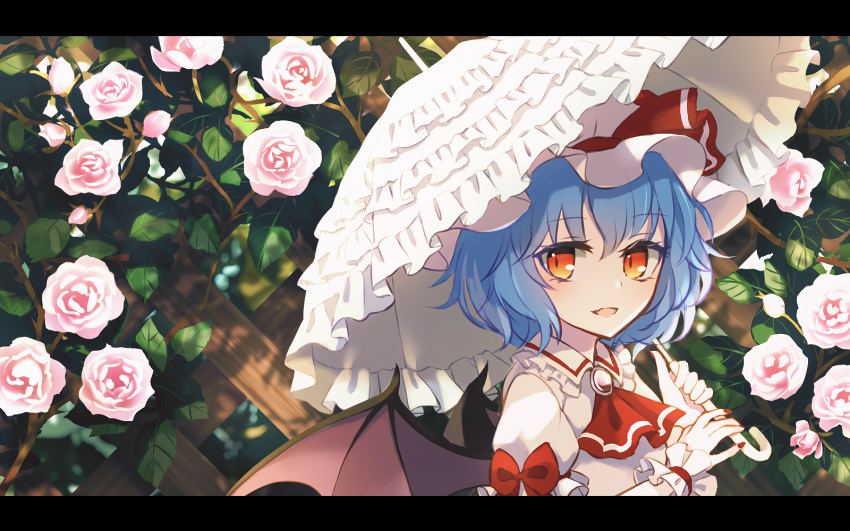 1girl ascot bat_wings black_wings blue_hair dise dress flower hair_between_eyes hat highres holding holding_umbrella letterboxed mob_cap open_mouth pink_flower pink_rose red_ascot red_eyes remilia_scarlet rose short_hair short_sleeves smile solo touhou umbrella upper_body white_dress white_headwear wings