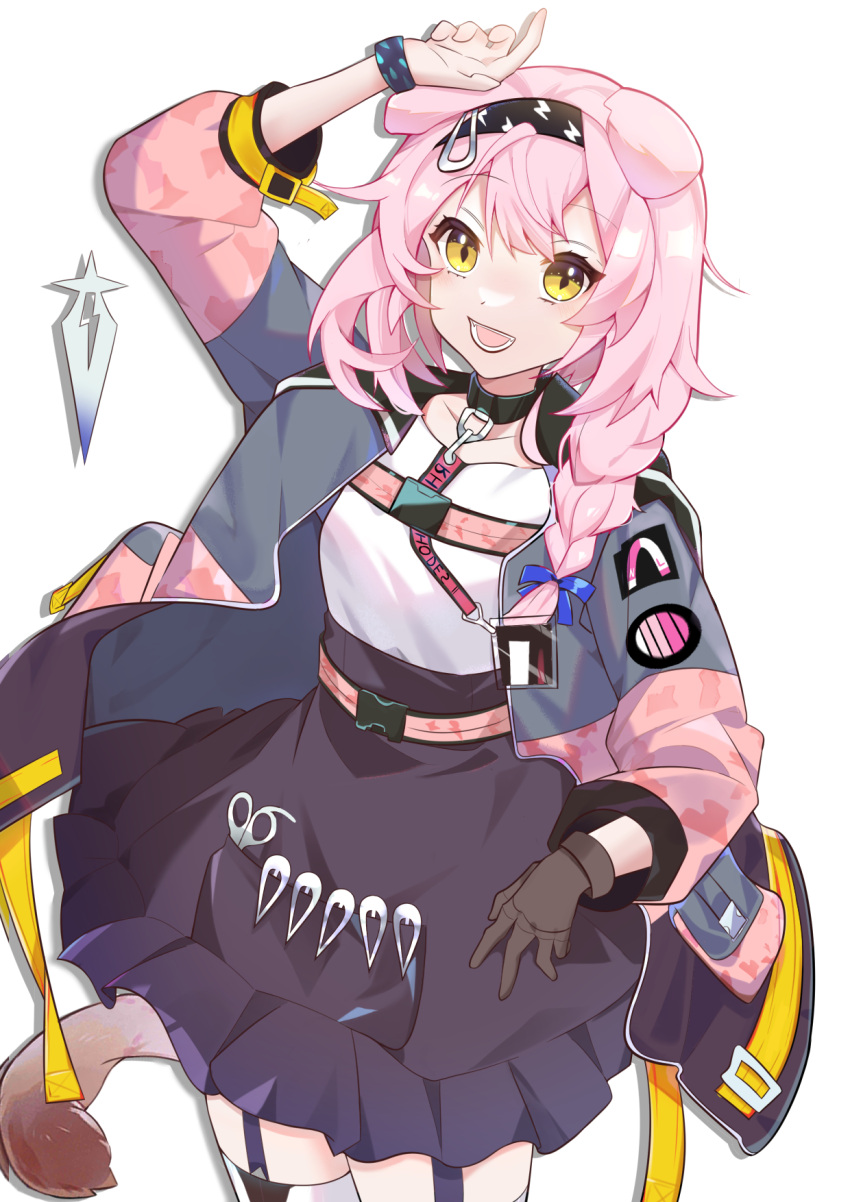 1girl :d animal_ears arknights arm_up bangs black_hairband black_skirt blue_bow bow braid cat_ears cat_tail commentary_request cowboy_shot garter_straps goldenglow_(arknights) hair_bow hairband highres jacket long_sleeves looking_at_viewer medium_hair open_clothes open_jacket open_mouth pink_hair shirt simple_background skirt smile solo standing tail thighhighs twilight_(cgkk4357) white_background white_shirt white_thighhighs yellow_eyes