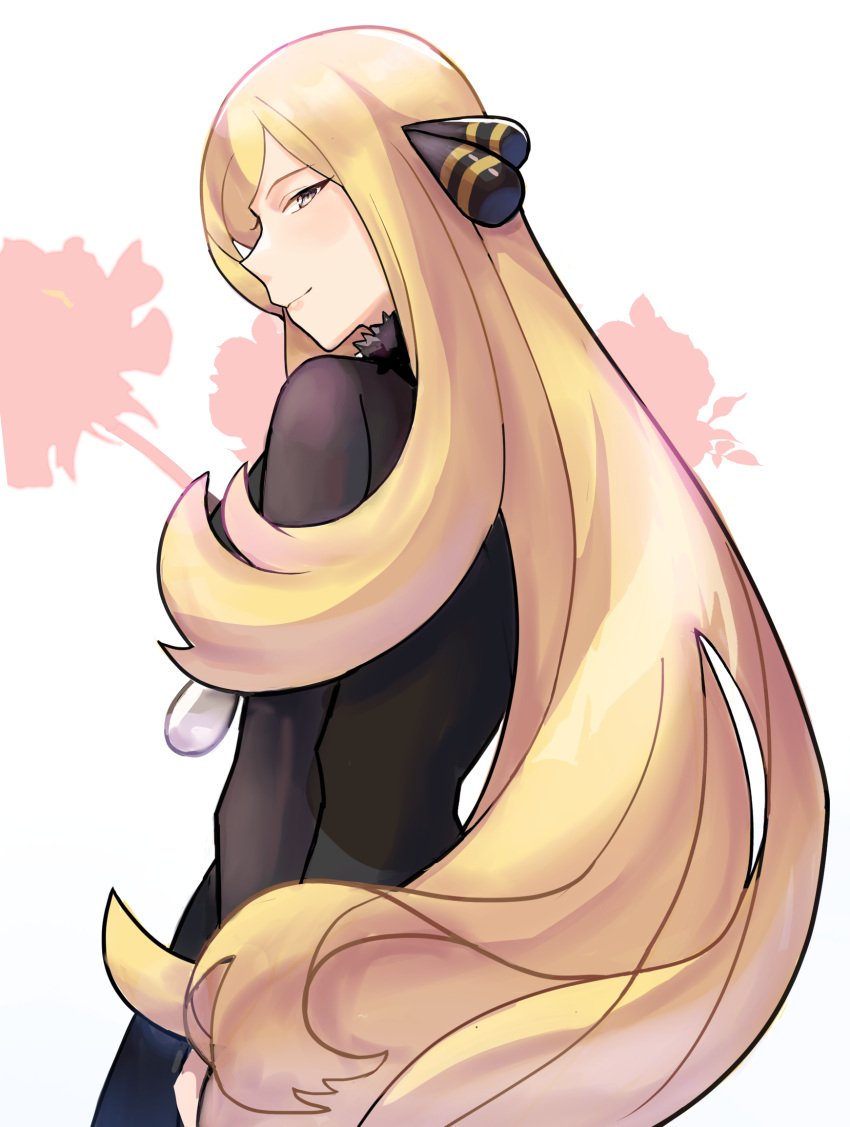 1girl black_shirt blonde_hair closed_mouth cynthia_(pokemon) from_behind fur_collar grey_eyes hair_ornament highres long_hair long_sleeves looking_at_viewer mixed-language_commentary pokemon pokemon_(game) pokemon_dppt profile shirt smile solo spyg upper_body very_long_hair wavy_hair