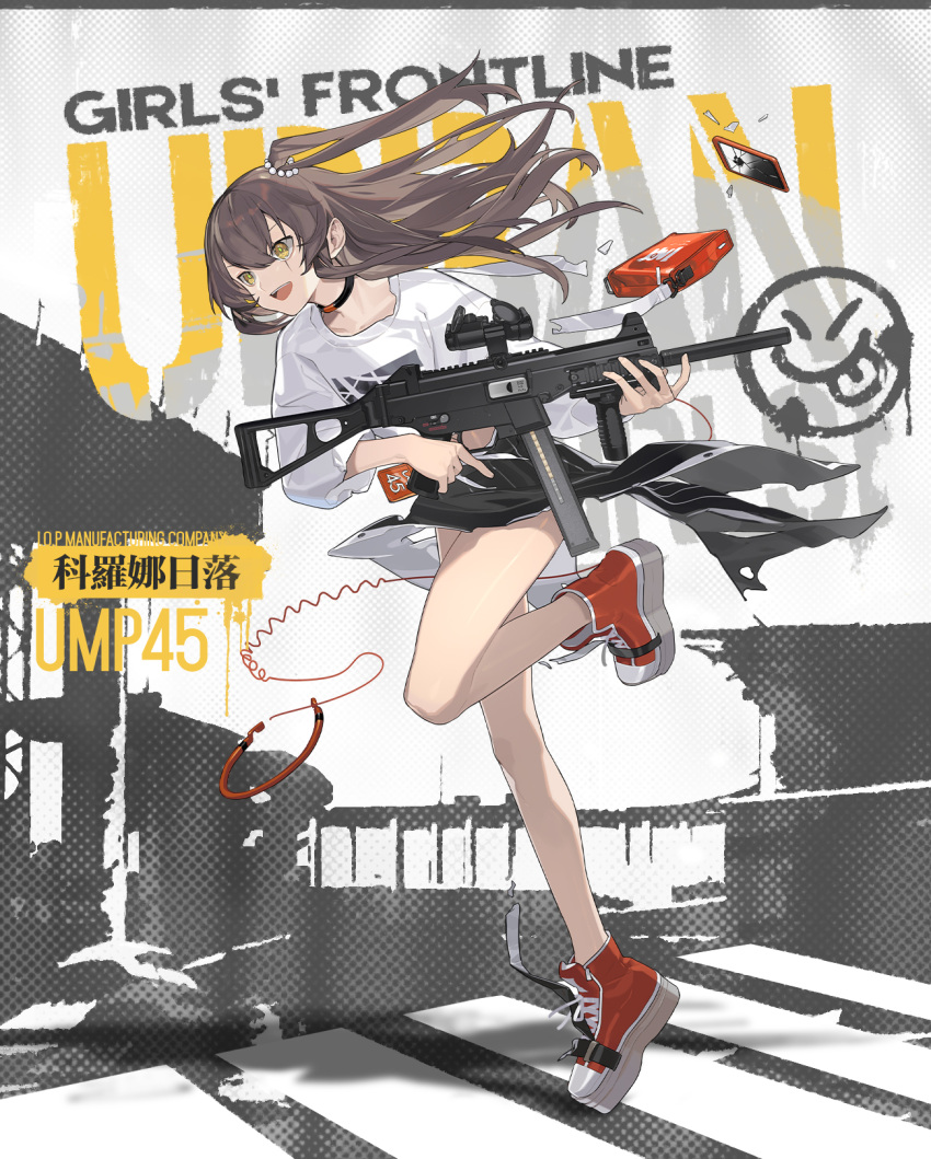 1girl artist_request bag_removed bangs black_choker black_skirt breasts brown_eyes brown_hair buruma casual cellphone character_name chinese_text choker copyright_name english_text full_body girls'_frontline grin gun h&amp;k_ump45 headphones headphones_removed highres holding holding_gun holding_weapon id_card legs long_hair long_skirt long_sleeves looking_away official_alternate_costume official_art open_mouth orange_bag phone print_shirt promotional_art red_footwear scar scar_across_eye shirt shoes side_ponytail skirt small_breasts smartphone smile sneakers solo standing standing_on_one_leg submachine_gun torn_clothes torn_footwear torn_shirt torn_skirt ump45_(girls'_frontline) upper_body weapon white_shirt