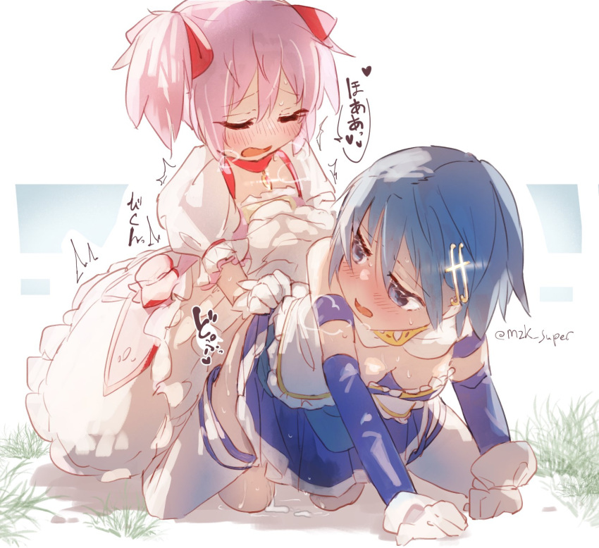 2girls bangs blue_eyes blue_hair blush closed_eyes doggystyle dry_humping grinding hair_ornament hairpin highres humping kaname_madoka magical_girl mahou_shoujo_madoka_magica miki_sayaka multiple_girls musical_note musical_note_hair_ornament mzk_super outdoors pink_hair sex short_hair sweat twintails yuri