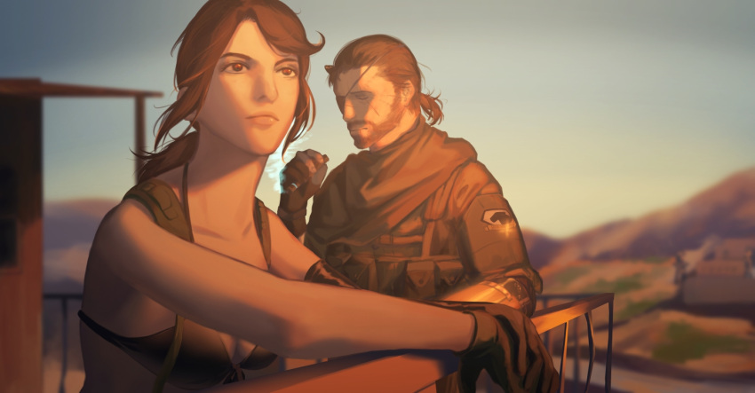 1boy 1girl beard bra brown_hair eyepatch facial_hair metal_gear_(series) metal_gear_solid pony quiet_(metal_gear) smoking underwear venom_snake yun_(huapeiyun)