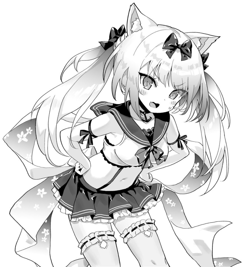 1girl animal_ears azur_lane blush bow breasts cat_ears cat_girl collarbone crop_top fang greyscale hair_bow hands_on_hips hori_(hori_no_su) leaning_forward looking_at_viewer medium_breasts monochrome navel open_mouth pleated_skirt simple_background skin_fang skirt smile solo thighhighs twintails white_background yukikaze_(azur_lane)