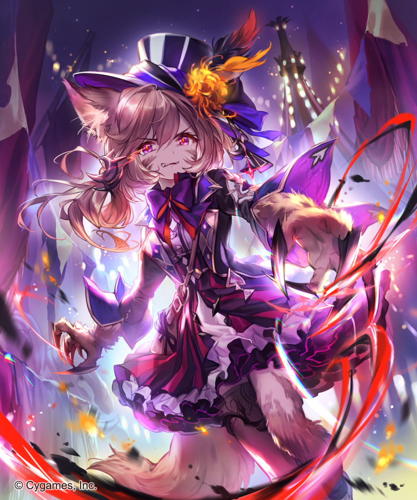 1girl animal_ears animal_hands asymmetrical_legwear bag bow bowtie brown_hair buttons claws dress flower frilled_dress frills hair_ornament hat hat_feather hat_flower highres lee_hyeseung liberte_(shingeki_no_bahamut) long_sleeves official_art purple_eyes shadowverse shoulder_bag slit_pupils solo striped striped_dress tail thighhighs uneven_legwear wolf_ears wolf_girl wolf_tail yellow_flower