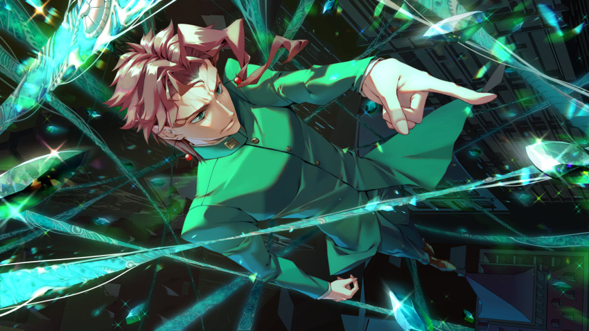 1boy earrings from_above gakuran green_eyes jewelry jojo_no_kimyou_na_bouken kakyoin_noriaki lilithbloody male_focus pointing red_hair scar scar_across_eye school_uniform serious solo stardust_crusaders