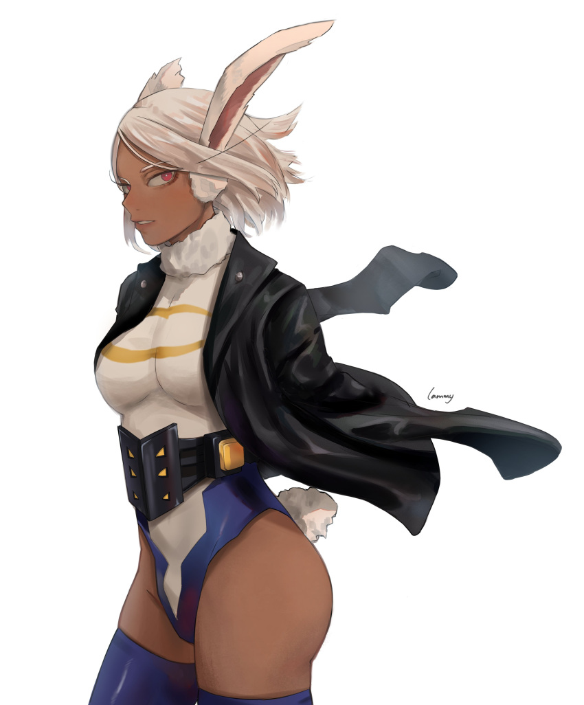 1girl absurdres amputee animal_ears artist_name bangs black_jacket boku_no_hero_academia breasts crescent_print dark-skinned_female dark_skin double_amputee fur_collar highleg highleg_leotard highres jacket lammyyy large_breasts leotard long_eyelashes looking_at_viewer mirko parted_bangs parted_lips purple_thighhighs rabbit_ears rabbit_girl rabbit_tail red_eyes short_hair solo spoilers tail tail_through_clothes taut_leotard thighhighs thighs toned turtleneck_leotard white_background white_hair