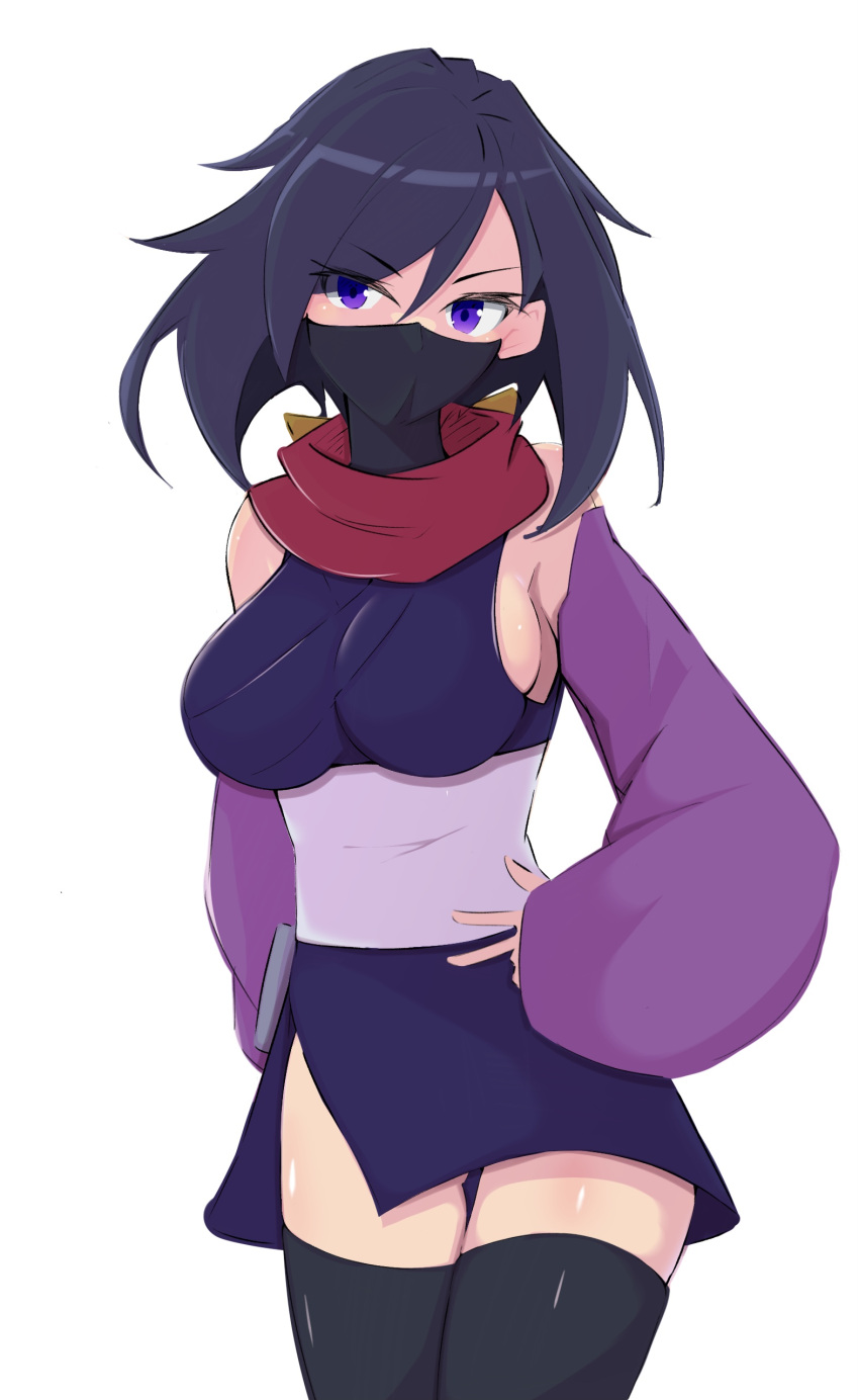 1girl absurdres ayame_(gundam_build_divers) bangs black_thighhighs breasts cowboy_shot detached_sleeves gundam gundam_build_divers highres honma_(honmatomohiro) japanese_clothes large_breasts long_hair looking_at_viewer mask mouth_mask ninja ninja_mask purple_eyes red_scarf scarf sideboob simple_background solo swept_bangs thighhighs white_background