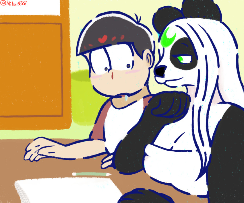 anthro black__hair black_body black_fur black_nose blood blush bodily_fluids breasts clothed clothing dresser duo female fur fur_markings furniture giant_panda green_eyes hair human lunarpanda8686 male mammal markings mika_(lunarpanda8686) mr._osomatsu nosebleed osomatsu_matsuno parody pencil_(disambiguation) round_ears screencap_redraw sketchbook table trash_can ursid white_body white_fur white_hair