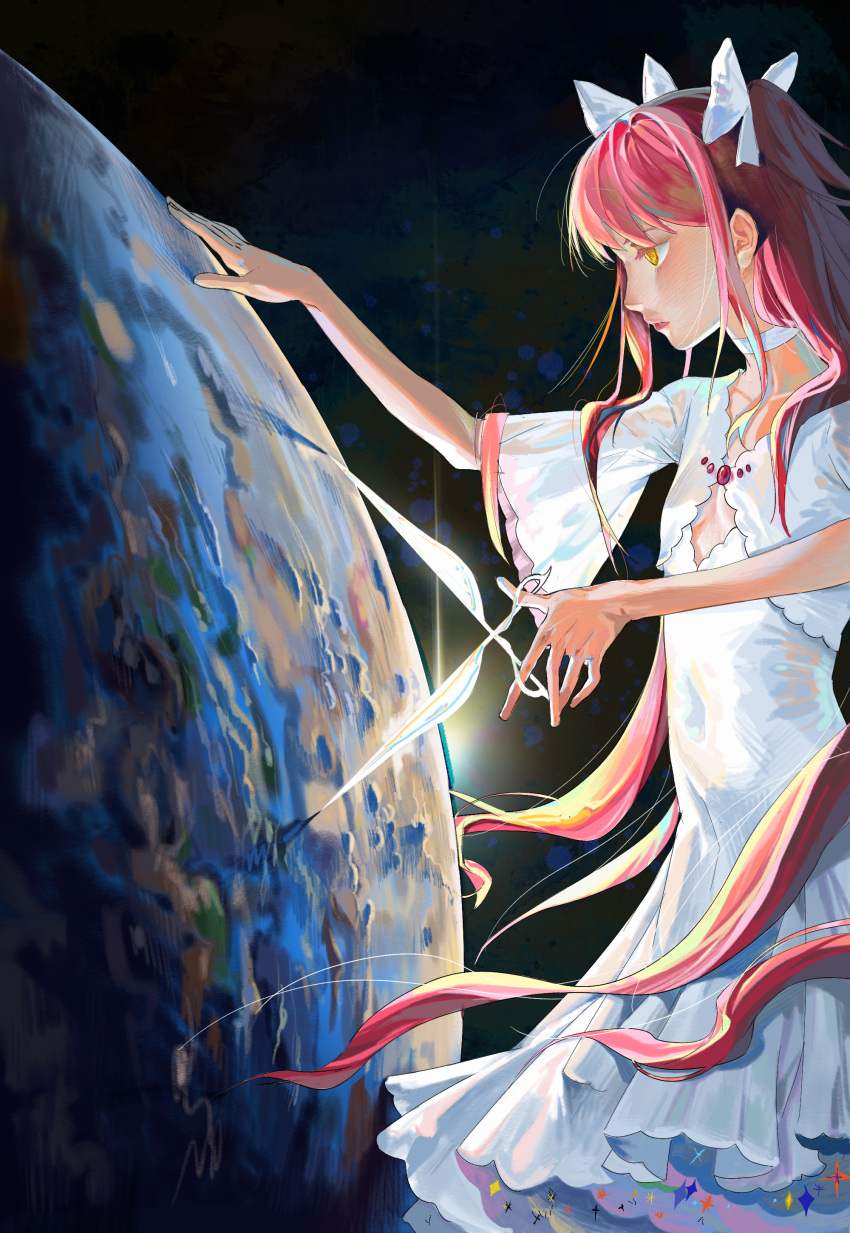 1girl absurdres bangs bow choker collarbone cowboy_shot cutting dress earth_(planet) from_side giant giantess hair_bow highres holding holding_scissors kaname_madoka long_hair looking_ahead mahou_shoujo_madoka_magica pink_hair planet profile scissors serious sfwiwiwts solar_flare solo space spark two_side_up ultimate_madoka white_choker white_dress wide_sleeves yellow_eyes