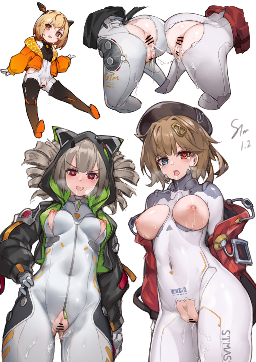 3girls arms_behind_back artist_name ass ass-to-ass bangs bar_censor barcode blonde_hair blue_eyes bodysuit breasts breath brown_eyes brown_hair cameltoe censored cocoritter_(tower_of_fantasy) covered_navel cowboy_shot cum cum_on_ass cum_on_body drill_hair grey_hair hair_ornament hairclip hand_on_hip hat heart heart-shaped_pupils heterochromia highres hood hood_up hooded_jacket impossible_bodysuit impossible_clothes jacket looking_at_viewer medium_breasts medium_hair mi-a_(tower_of_fantasy) multiple_girls nipples open_mouth pubic_hair pussy_juice red_eyes saliva saliva_trail shiro_(tower_of_fantasy) signature skin_tight sparse_pubic_hair stmast symbol-shaped_pupils tears tower_of_fantasy twin_drills zipper