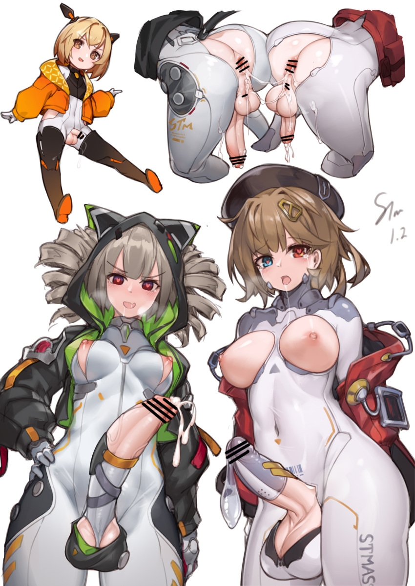 3girls arms_behind_back artist_name ass ass-to-ass bangs bar_censor barcode blonde_hair blue_eyes bodysuit breasts breath brown_eyes brown_hair cameltoe censored cocoritter_(tower_of_fantasy) condom condom_on_penis covered_navel cowboy_shot cum cum_on_ass cum_on_body drill_hair erection futanari grey_hair hair_ornament hairclip hand_on_hip hat heart heart-shaped_pupils heterochromia highres hood hood_up hooded_jacket impossible_bodysuit impossible_clothes jacket looking_at_viewer medium_breasts medium_hair mi-a_(tower_of_fantasy) multiple_girls nipples open_mouth penis pubic_hair pussy_juice red_eyes saliva saliva_trail shiro_(tower_of_fantasy) signature skin_tight sparse_pubic_hair stmast symbol-shaped_pupils tears tower_of_fantasy twin_drills zipper