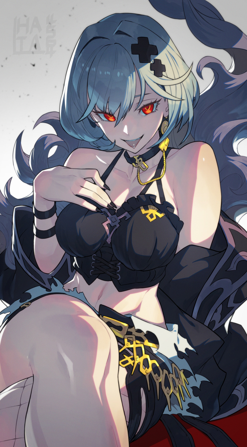 1girl absurdres alter_ego_malevolent_(granblue_fantasy) bangs black_camisole black_choker black_nails black_shorts bracelet camisole choker crop_top detached_sleeves djeeta_(granblue_fantasy) granblue_fantasy grey_hair hand_on_own_chest hata4564 highres jewelry looking_at_viewer red_eyes short_hair shorts sitting smile solo tongue tongue_out