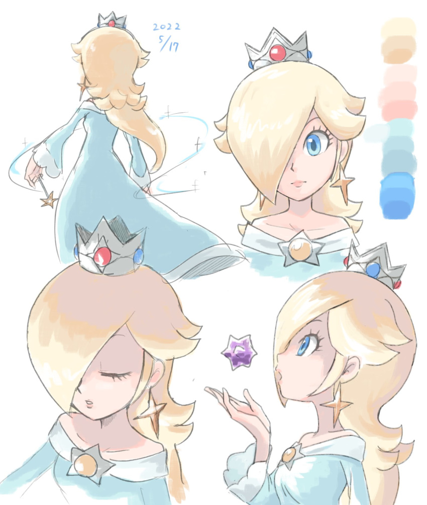 1girl bare_shoulders blonde_hair blue_dress blue_eyes brooch crown dated dress earrings hair_over_one_eye highres holding holding_wand jewelry long_hair long_sleeves mario_(series) multiple_views off-shoulder_dress off_shoulder rosalina solo star_(symbol) star_bit star_earrings super_mario_galaxy wand white_background ya_mari_6363