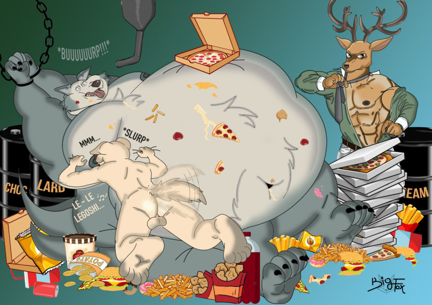 anthro antlers balls barrel beastars beverage bigfox71 bird_dog bodily_fluids bound burger canid canine canis cervid chain chained chicken_meat chicken_nugget chips_(food) clothing cream_(food) cum dessert domestic_dog feeding_tube food fries genital_fluids genitals group horn humanoid_hands hunting_dog ice_cream jack_(beastars) labrador legoshi_(beastars) louis_(beastars) male male/male mammal meat medical_instrument messy morbidly_obese muscular nipples obese overweight paws pizza retriever scientific_instrument soda suckling tail_motion tailwag trio wolf