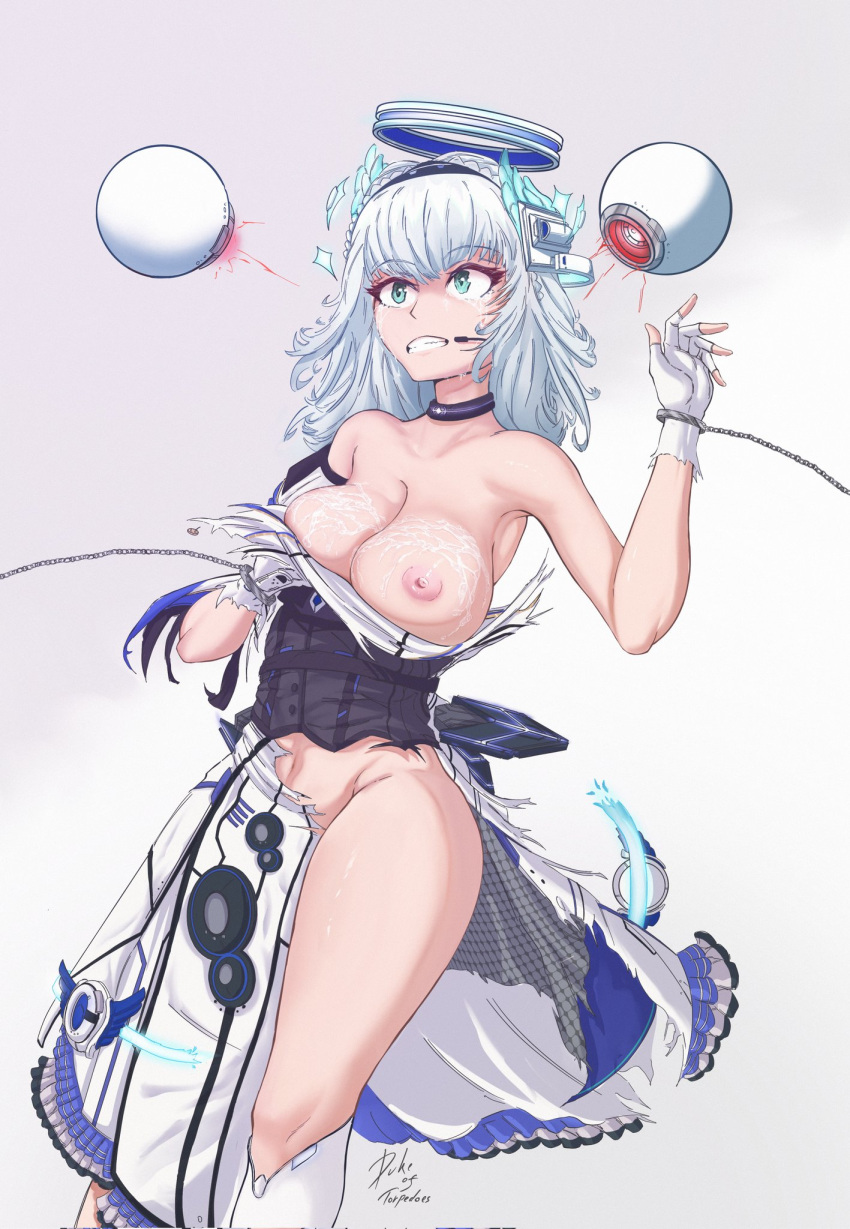 black_choker breasts chain choker cleavage covering covering_breasts cum cum_on_body cum_on_breasts dress floating floating_object gloves highres kamishiro_rita large_breasts one_breast_out surprised tears thick_thighs thighs torn_clothes torn_dress