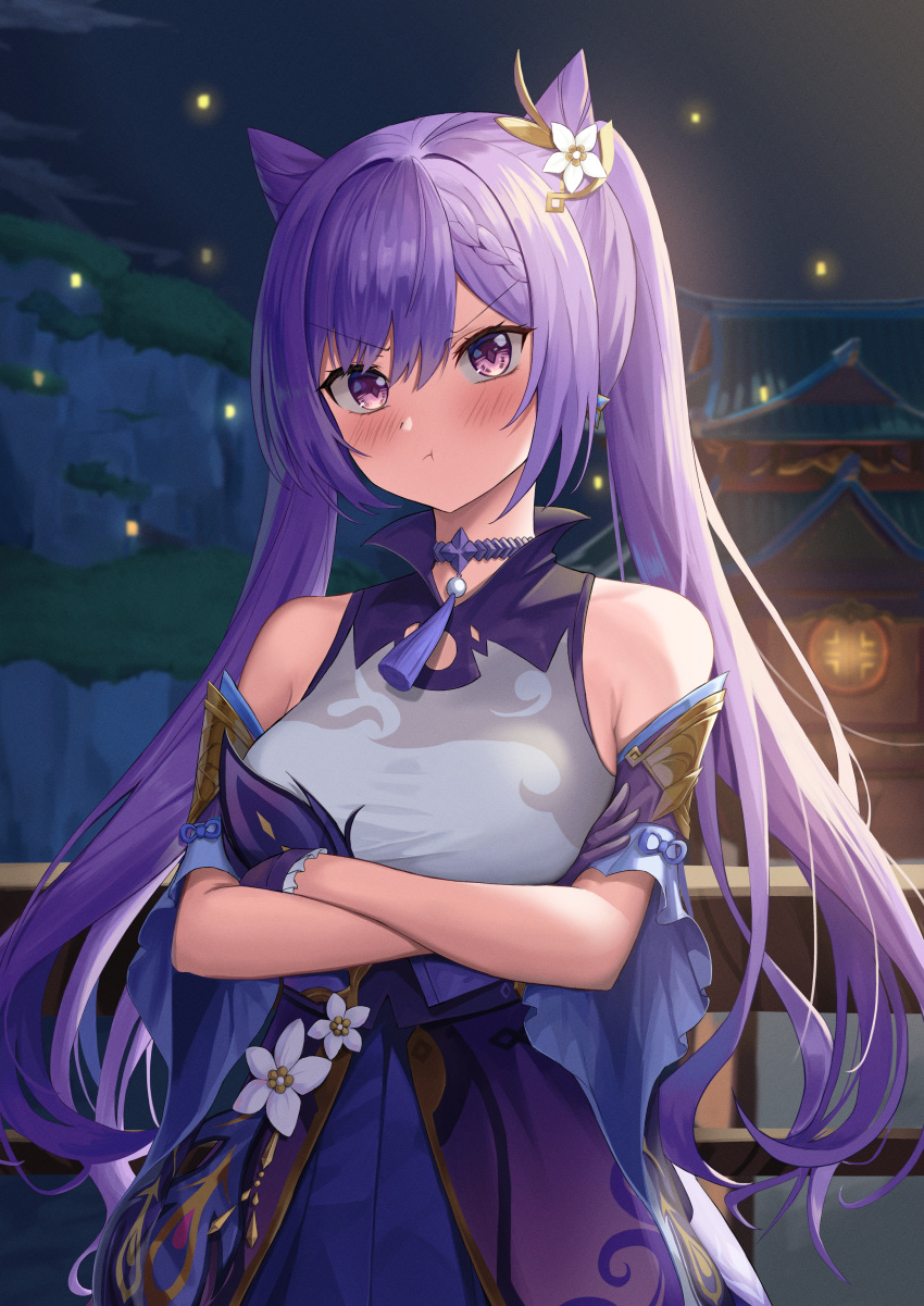 1girl :t absurdres arms_under_breasts bangs bare_shoulders blush braid breasts building cone_hair_bun crossed_arms detached_sleeves doggo34476335 double_bun fireflies flower genshin_impact gloves hair_bun hair_flower hair_ornament high-waist_skirt highres keqing_(genshin_impact) long_hair looking_at_viewer medium_breasts neck_tassel night outdoors pout purple_eyes purple_gloves purple_hair purple_skirt shirt sidelocks skirt sleeveless sleeveless_shirt solo swept_bangs tassel_choker twintails white_shirt