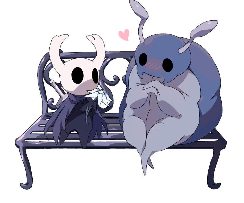 &lt;3 antennae_(anatomy) anthro arthropod beetle bench biped black_body blue_body blush bretta_(hollow_knight) cloak clothing duo exoskeleton eye_contact featureless_feet featureless_hands fecharis female flower grey_body hands_together hi_res hk_bb hollow_knight horn insect looking_at_another love male mandibles nail_(weapon) offering_flower overweight overweight_anthro overweight_female plant protagonist_(hollow_knight) simple_background sitting team_cherry vessel_(species) video_games weapon white_background white_body