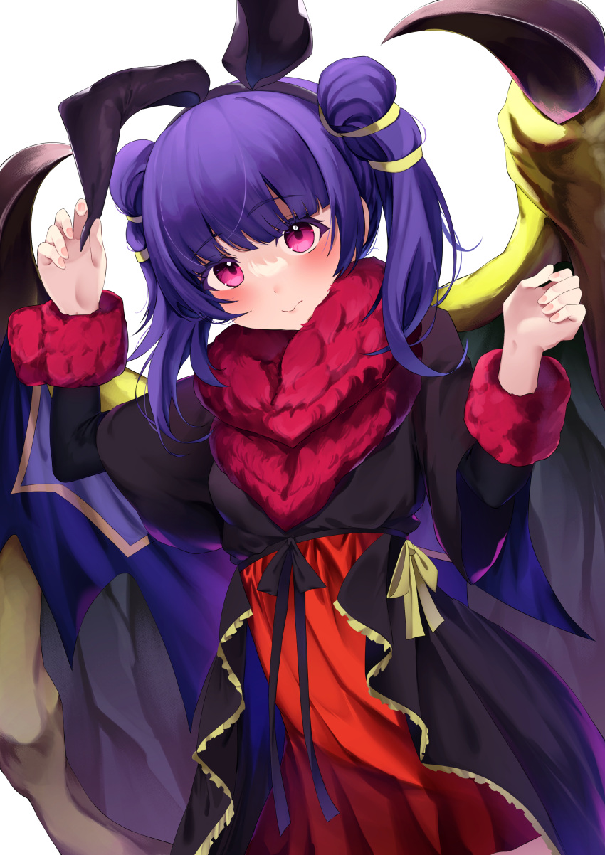 1girl absurdres animal_ears bat_ears black_dress dragon_girl dragon_wings dress empty_(mn3k_yo) fake_animal_ears fire_emblem fire_emblem:_the_sacred_stones fire_emblem_heroes fur_collar fur_trim highres long_sleeves multi-tied_hair myrrh_(fire_emblem) official_alternate_costume pink_eyes purple_hair simple_background solo white_background wings