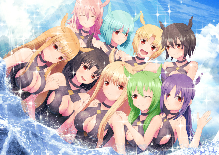 6+girls :d akagi_iruka bare_shoulders black_choker black_hair black_swimsuit blonde_hair blue_hair blue_sky blush breasts choker cleavage cleavage_cutout closed_eyes clothing_cutout commentary_request day fate/grand_order fate_(series) geirskogul_(fate) green_hair hand_on_another's_shoulder head_wings highres hildr_(fate) hildr_(swimsuit_assassin)_(fate) large_breasts light_blue_hair long_hair looking_at_viewer multiple_girls ocean olrun_(fate) one-piece_swimsuit one_eye_closed ortlinde_(fate) ortlinde_(swimsuit_assassin)_(fate) outdoors partially_submerged pink_hair purple_hair red_eyes rindr_(fate) short_hair sky smile sparkle swimsuit thrud_(fate) thrud_(swimsuit_assassin)_(fate) upper_body v valkyrie_(fate) water