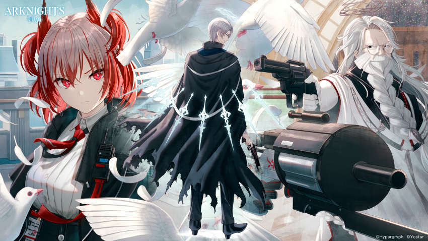 1girl 2boys absurdres andoain_(arknights) animal arknights bangs bear bird black_eyes black_footwear black_jacket black_pants black_skirt braid closed_mouth commentary_request copyright_name feathers fiammetta_(arknights) glass grey_hair gun hair_between_eyes halo handgun high-waist_skirt highres holding holding_gun holding_weapon hyuuga_azuri jacket long_hair long_sleeves multicolored_hair multiple_boys official_art pants red_eyes red_hair revolver robe round_eyewear shirt shoes single_braid skirt streaked_hair thick_eyebrows torn_jacket two_side_up v-shaped_eyebrows very_long_hair watermark weapon white_feathers white_hair white_robe white_shirt yvangelista_xi_(arknights)