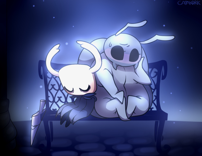 ambiguous_gender antennae_(anatomy) anthro arthropod beetle bench biped black_body blue_body blush bodily_fluids bretta_(hollow_knight) cataxdrk2020 cloak clothed clothing crossed_legs duo exoskeleton eyes_closed featureless_feet featureless_hands fecharis female flustered grey_body hand_on_face hand_on_knee hand_on_leg hollow_knight horn insect larger_female leaning_on_another love mandibles nail_(weapon) overweight overweight_anthro overweight_female protagonist_(hollow_knight) shy sitting size_difference sleeping sweat team_cherry vessel_(species) video_games weapon white_body