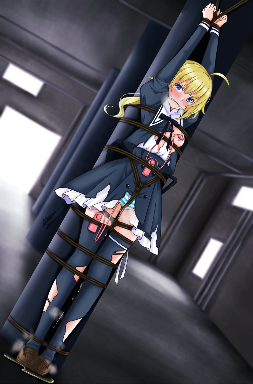 1girl absurdres against_pillar ahoge amano_soraha arms_up assault_lily awazake_(2wairu) bangs bdsm black_ribbon black_skirt black_thighhighs blonde_hair blue_eyes blue_panties blurry blurry_background blush bondage bound bound_legs bound_torso bound_wrists breast_bondage breasts brown_footwear buttons closed_mouth cloth_gag commentary controller cropped_jacket crotch_rope dutch_angle egg_vibrator frilled_skirt frills full_body gag gagged garage hair_between_eyes high-waist_skirt highres improvised_gag indoors juliet_sleeves leg_ribbon loafers long_hair long_sleeves looking_at_viewer low_ponytail medium_breasts neck_ribbon no_bra nose_blush one_breast_out panties pasties pee peeing peeing_self ponytail puddle puffy_sleeves remote_control restrained ribbon rope saliva school_uniform sex_toy shibari shibari_over_clothes shirt shoes skirt solo standing striped striped_panties tape_on_nipples tearing_up thighhighs torn_clothes torn_shirt torn_skirt torn_thighhighs underwear v-shaped_eyebrows vibrator vibrator_in_thighhighs vibrator_on_nipple white_ribbon white_shirt yurigaoka_girls_academy_school_uniform