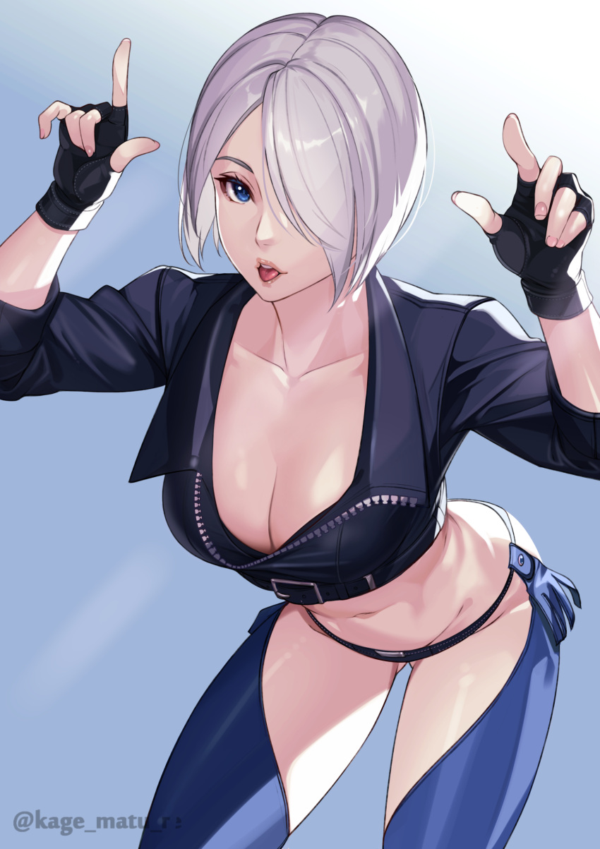 1girl absurdres angel_(kof) blue_eyes bra breasts chaps commentary_request cropped_jacket finger_horns fingerless_gloves gloves hair_over_one_eye highres horns_pose index_fingers_raised jacket kagematsuri large_breasts leather leather_jacket looking_at_viewer open_mouth snk solo strapless strapless_bra the_king_of_fighters the_king_of_fighters_xiv toned underwear white_hair