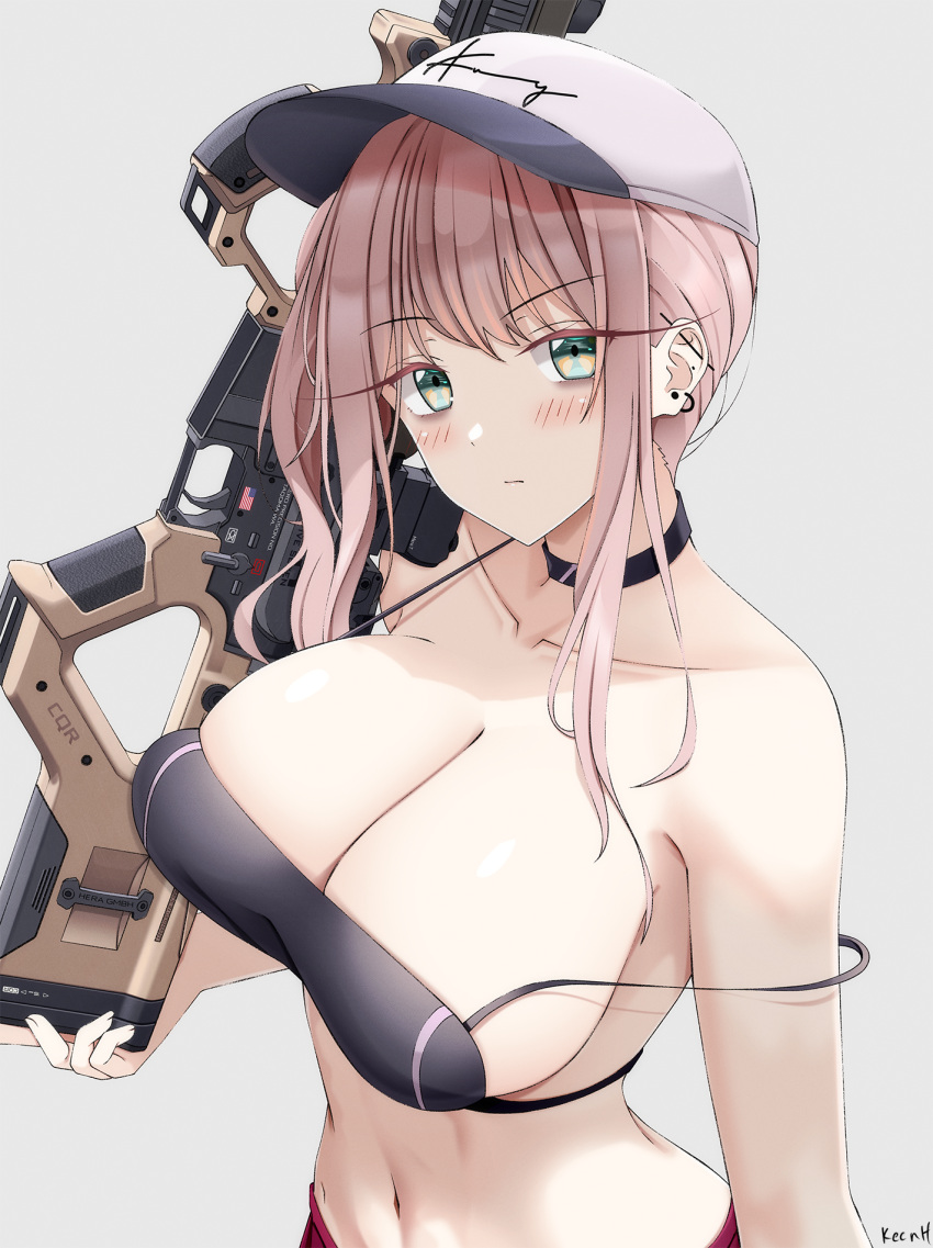 1girl ar-57_(girls'_frontline) artist_name bangs bare_shoulders black_choker blush breasts choker cleavage closed_mouth collarbone ear_piercing girls'_frontline green_eyes grey_background gun hat highres holding holding_gun holding_weapon keenh large_breasts looking_at_viewer medium_hair navel off_shoulder piercing pink_hair sidelocks simple_background skindentation solo weapon