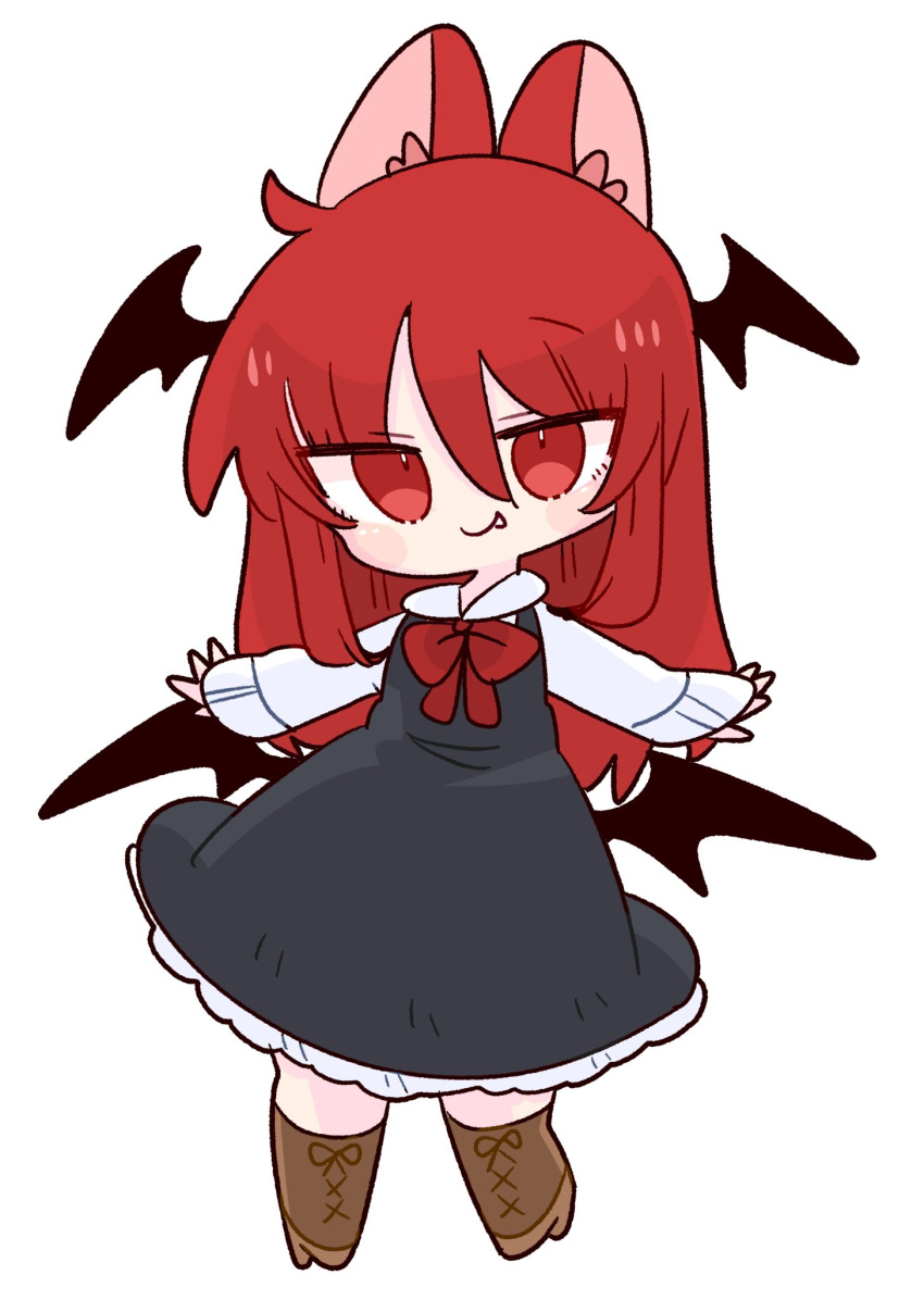 1girl bat_wings blush_stickers boots chibi fang fang_out full_body head_wings highres koakuma long_hair op_na_yarou outstretched_arms red_eyes red_hair shirt simple_background solo touhou white_background wings