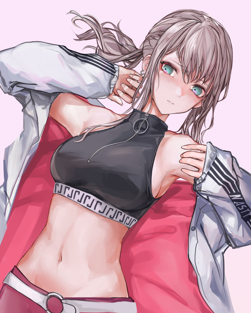 1girl aqua_eyes ar-57_(girls'_frontline) arms_up bangs black_shirt blonde_hair blush breasts closed_mouth crop_top ear_piercing girls'_frontline highres jacket lithographica long_hair long_sleeves looking_at_viewer lying medium_breasts navel on_back open_clothes open_jacket piercing shirt side_ponytail simple_background solo upper_body white_jacket