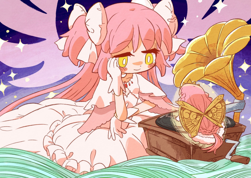 2girls absurdly_long_hair bangs blush_stickers bow braid choker cropped_jacket crown dress frilled_dress frills fur-trimmed_dress fur_trim gloves golden_wings hair_bow head_rest highres infinite_iroha jacket kaname_madoka layered_dress layered_sleeves leon0510 long_hair looking_at_another low_neckline low_ponytail magia_record:_mahou_shoujo_madoka_magica_gaiden mahou_shoujo_madoka_magica multiple_girls phonograph pink_gemstone pink_hair pink_wings sad_smile short_sleeves side_braids sidelocks size_difference sparkle swept_bangs tamaki_iroha two_side_up ultimate_madoka very_long_hair white_bow white_choker white_dress white_gloves white_jacket wide_sleeves wings yellow_eyes