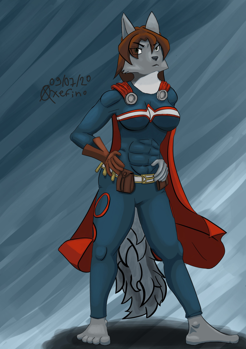 absurd_res anthro brown_hair canid canine canis clothing female fur grey_body grey_fur hair hero hi_res katherine_dickens looking_at_viewer mammal red_cape solo tagme wolf xefino