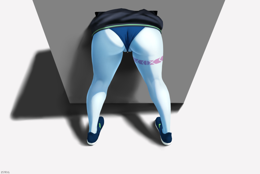 1girl ass black_footwear black_jacket blue_panties colored_skin cyberpunk_(series) cyberpunk_edgerunners from_behind glory_wall highres jacket leg_tattoo lower_body panties partially_visible_vulva rebecca_(cyberpunk) shadow solo standing stuck tattoo through_wall underwear white_background white_skin z282g