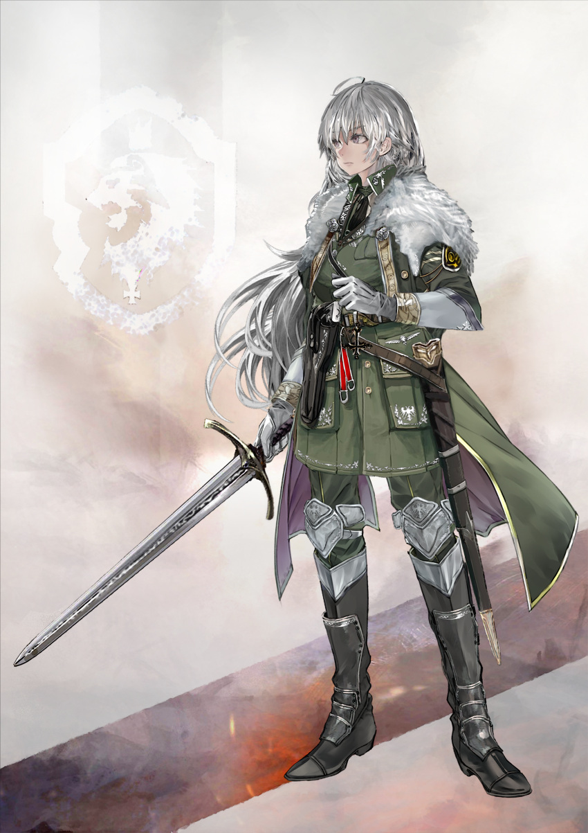 1girl absurdres ahoge armor bodevarc boots commentary_request emblem full_body fur_collar gloves gold_trim green_jacket grey_hair gun highres holding holding_sword holding_weapon holster holstered_weapon jacket long_hair military military_uniform mixed-language_commentary original sheath solo standing sword uniform unsheathed weapon white_gloves