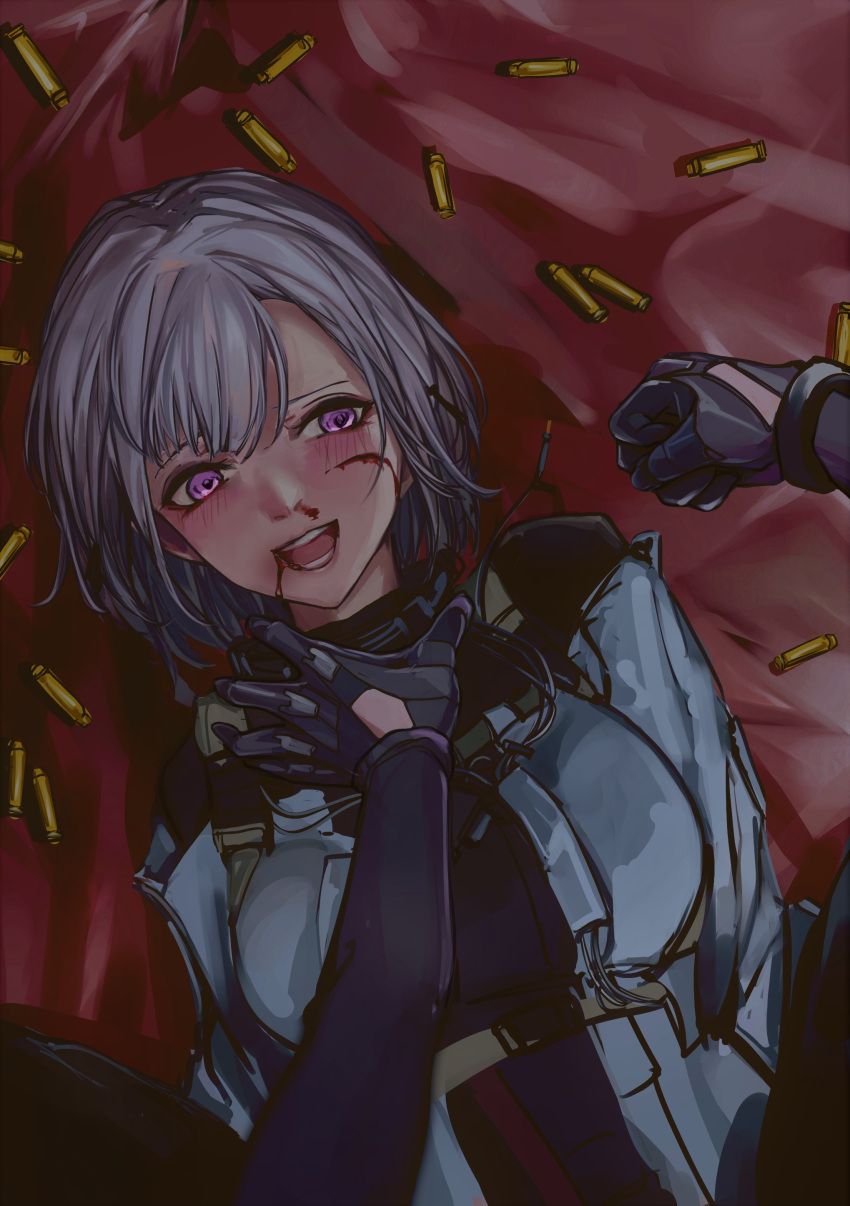 2girls absurdres ak-15_(girls'_frontline) bangs black_gloves blood blood_on_face blush breasts floor girls'_frontline gloves grey_hair grey_jacket highres jacket large_breasts lithographica long_sleeves looking_at_viewer lower_teeth lying multiple_girls on_back open_mouth parted_lips purple_eyes red_background rpk-16_(girls'_frontline) shell_casing short_hair sitting sitting_on_person smile tactical_clothes teeth upper_body upper_teeth