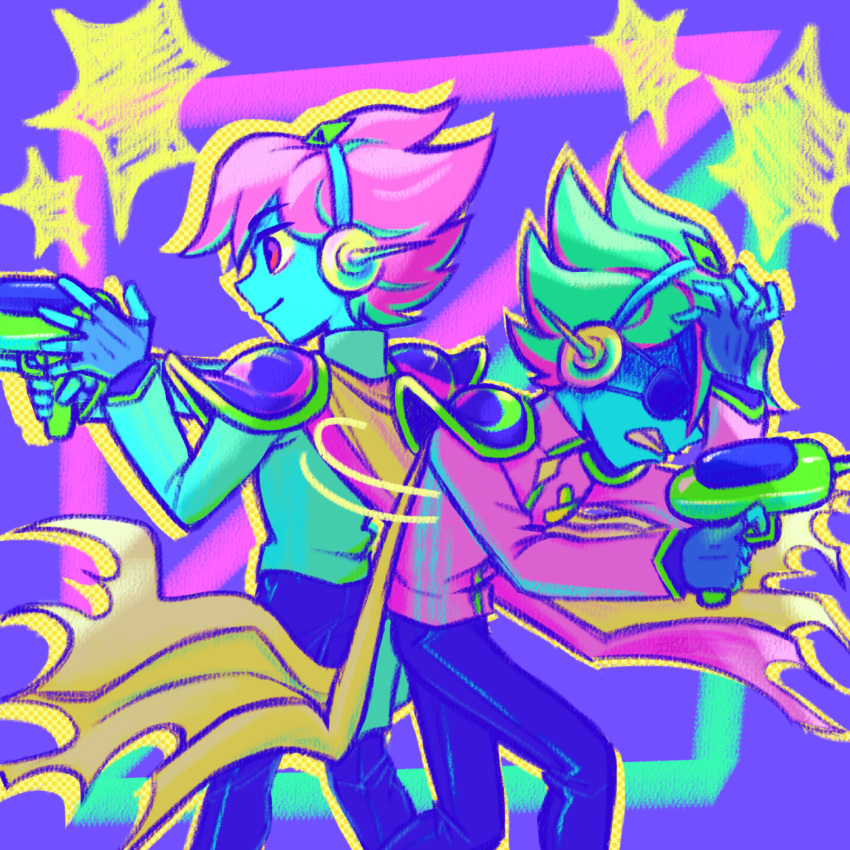 2boys black_pants blue_skin cape captain_spaceboy clenched_teeth closed_mouth colored_sclera colored_skin eyepatch fingerless_gloves from_side gloves green_hair gun headphones highres holding holding_gun holding_weapon laser-lance looking_away multiple_boys omori pants parted_lips pink_hair red_eyes short_hair teeth weapon yellow_sclera