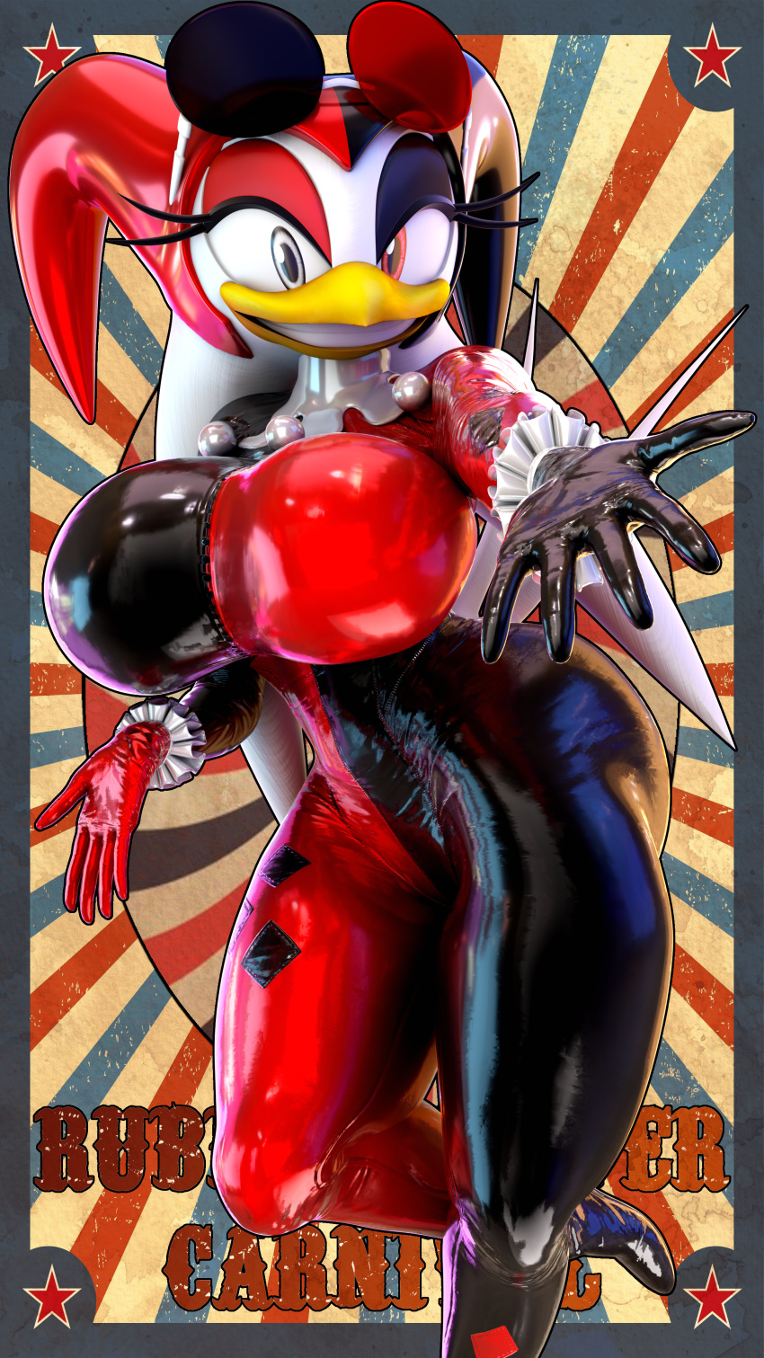 3d_(artwork) absurd_res anthro avian big_breasts big_butt blender_(software) breasts butt circus clothing curvy_figure digital_media_(artwork) eyeliner eyewear female female_focus fool's_hat glasses gloves grin handwear harlequin hat headgear headwear heterochromia hi_res huge_breasts inviting jester latex latex_gloves makeup palisal poster rubber rubber_clothing rubber_jester rubber_suit sega smile sonic_riders sonic_the_hedgehog_(series) swallow_(disambiguation) thick_thighs voluptuous wave_the_swallow