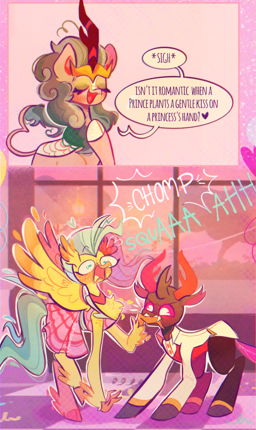 arthropod asian_mythology avian bite changeling chest_tuft chinese_mythology clothing cloven_hooves comic dialogue dress east_asian_mythology english_text european_mythology fangs feathered_wings feathers female friendship_is_magic greek_mythology hasbro hi_res hippogriff hooves kirin my_little_pony my_little_pony:_the_movie_(2017) mythological_avian mythology pharynx_(mlp) princess_skystar_(mlp) queen_rain_shine_(mlp) reformed_changeling scales sockiepuppetry spread_wings suit text tuft wings